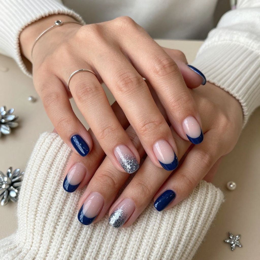 Deep Blue French Tip with Glitter Fade