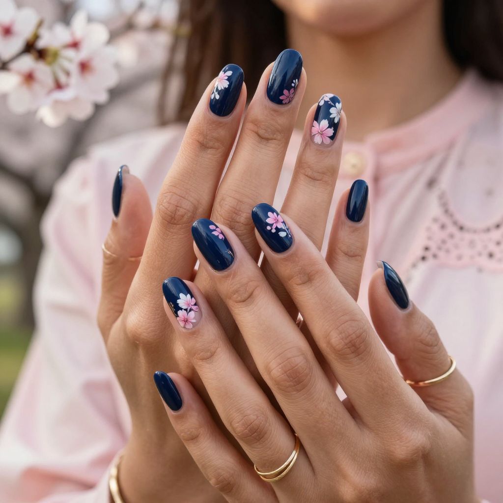 Dark Blue with Soft Pink Floral Accents