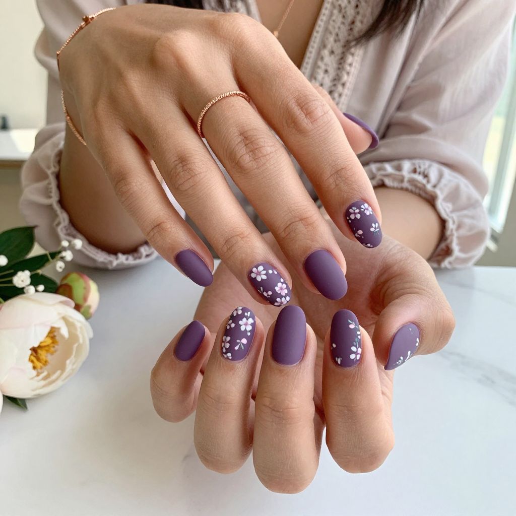 Dark Purple Matte with Tiny Hand-Painted Florals