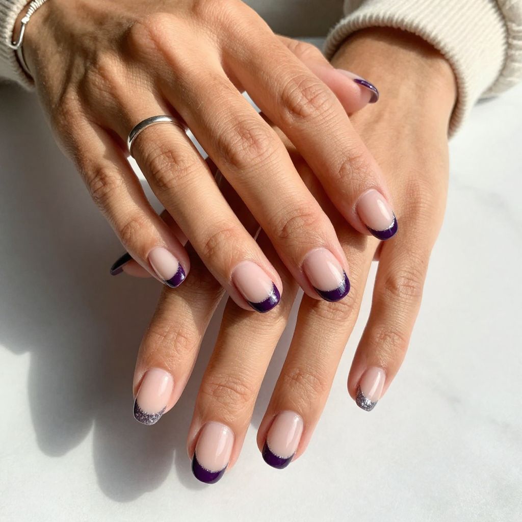 Dark Purple French Tips with Glitter Accents