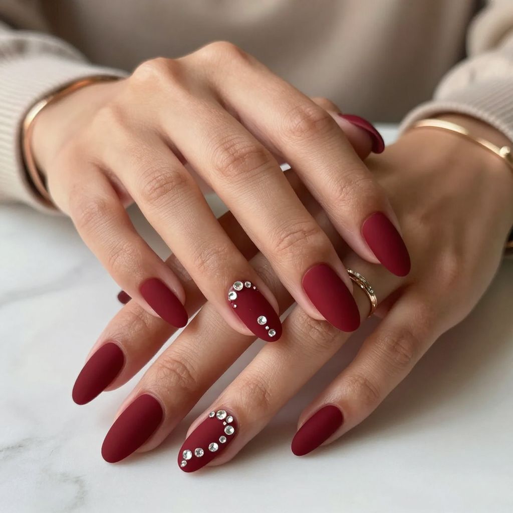 Dark Red Matte with Rhinestone Cluster nails