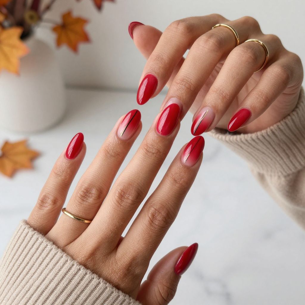 Scarlet Ombre with Thin Lines nails