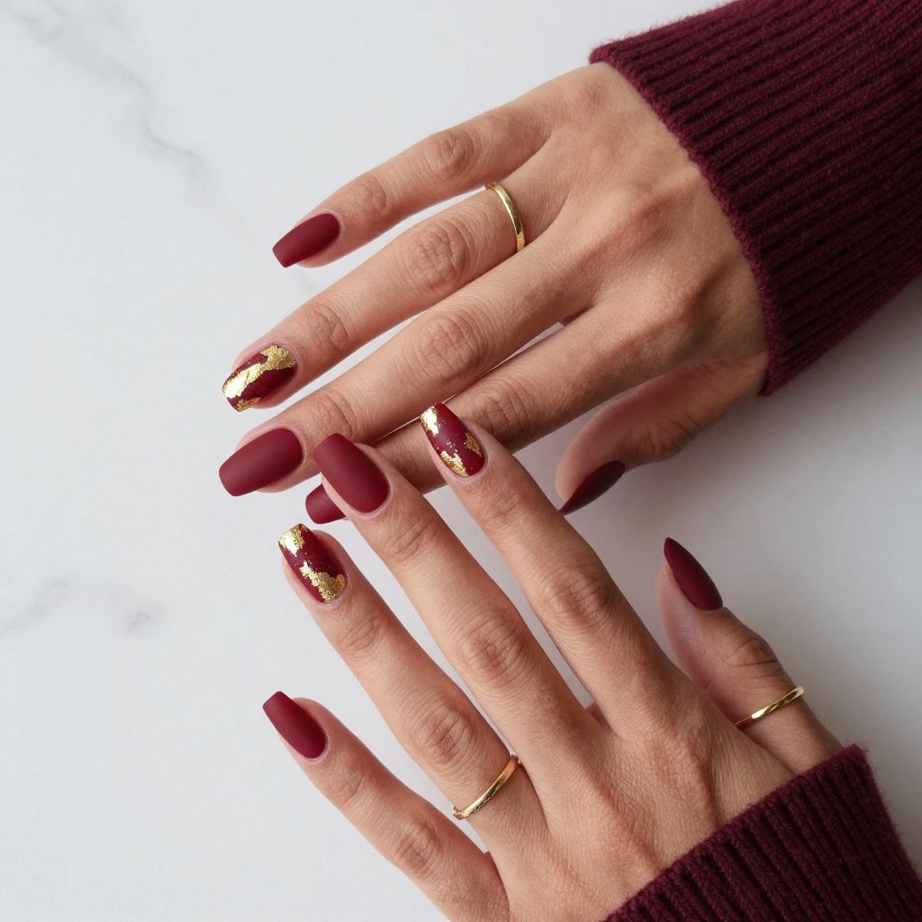Dark Red Matte with Gold Foil nails