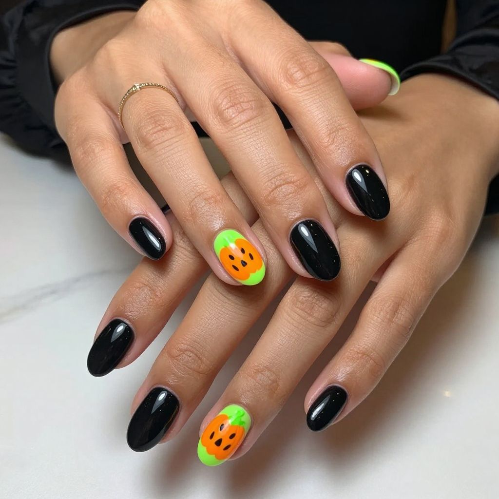 Glossy Black with Neon Pumpkin Shapes