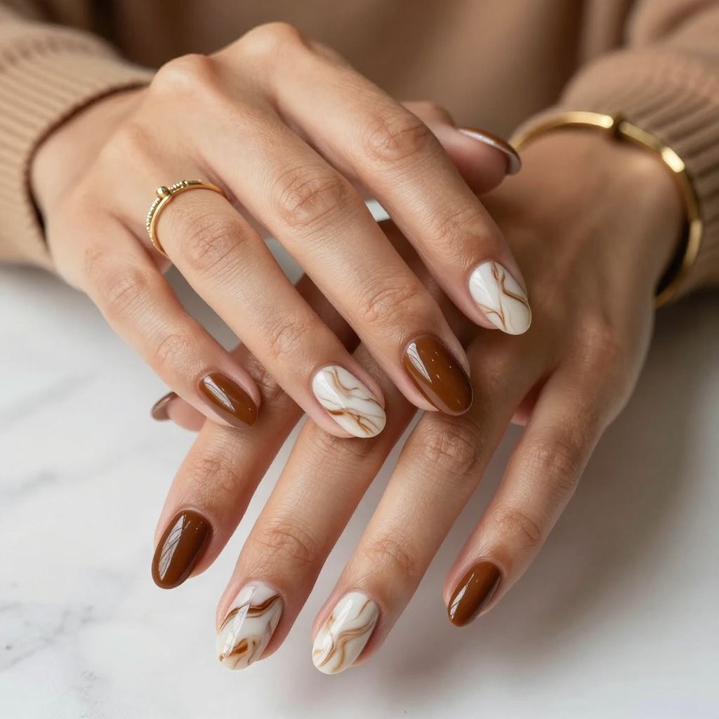 Walnut & Cream Marble Nails