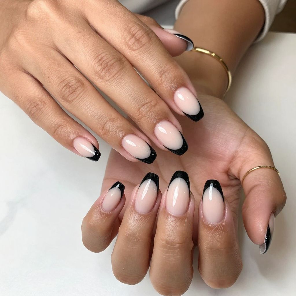 Black French Tips on Nude Almond Nails