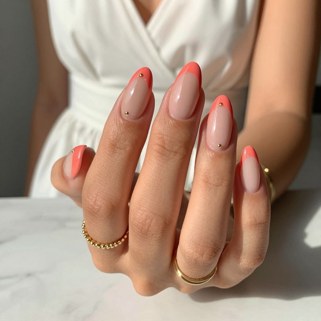 Coral French Tips with Gold Stud Accents