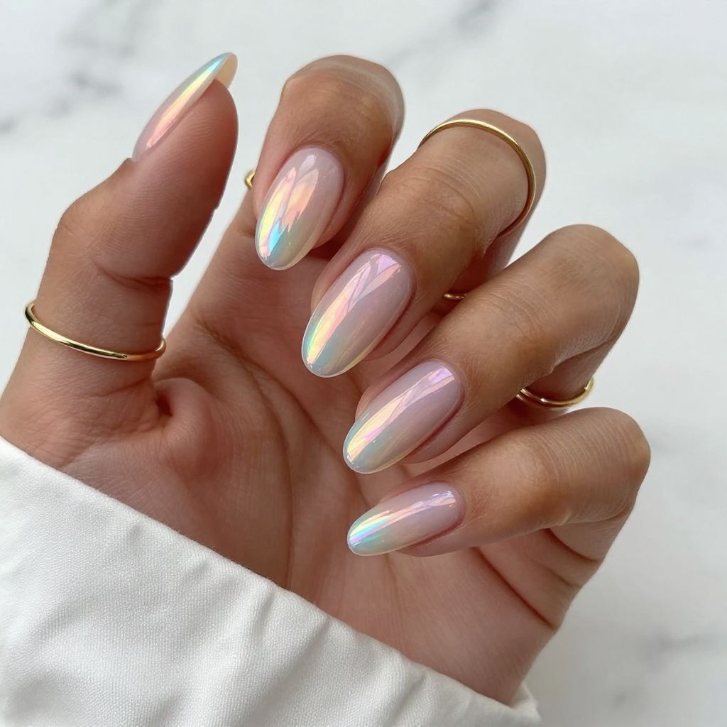 Iridescent French Tips on Clear Almond Nails