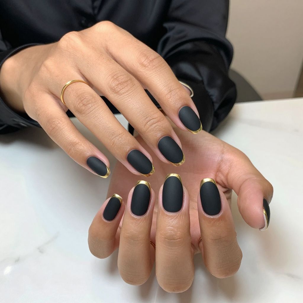 French Tip with Matte Black and Gold Line