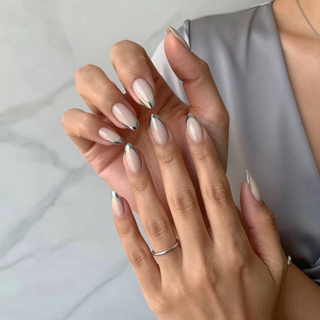 Chrome French Tips on Neutral Almond Nails