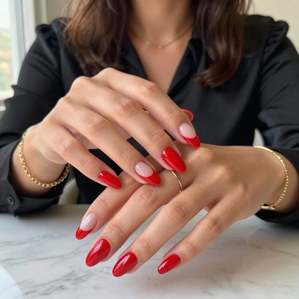 Bright Red Almond Nails with White Crescent Tips
