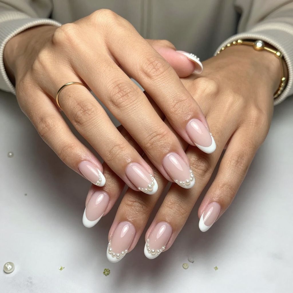 French Tips with Tiny Pearls