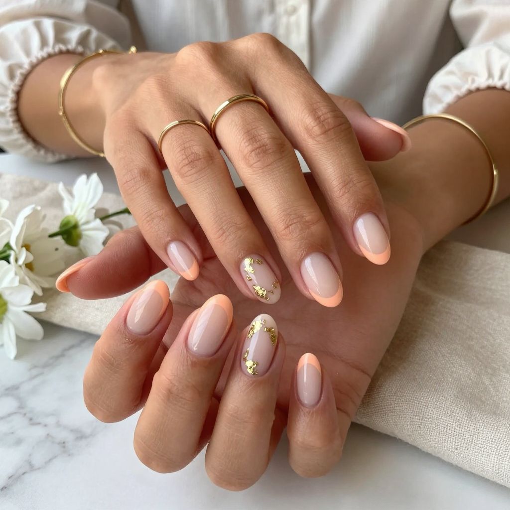 Soft Peach French Tips with Gold Foil