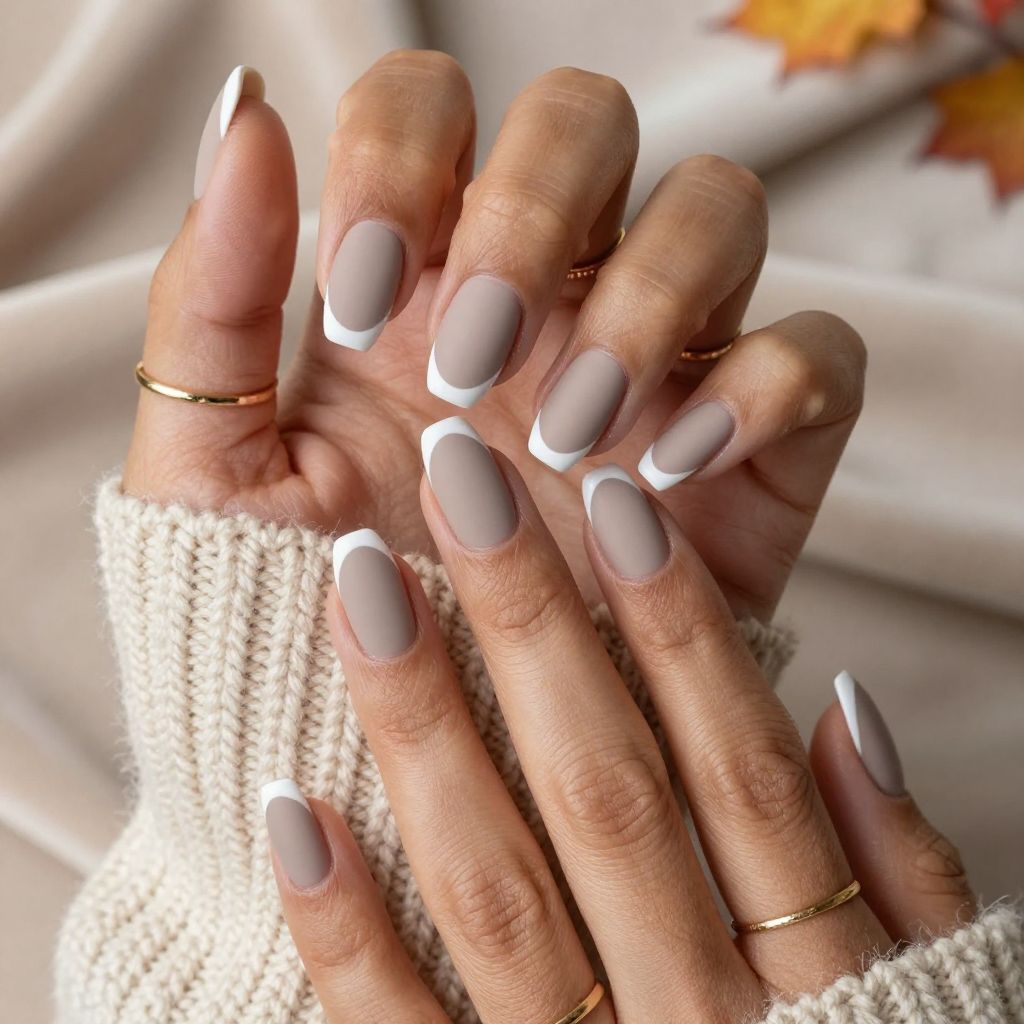 Matte White Tips on Soft Taupe