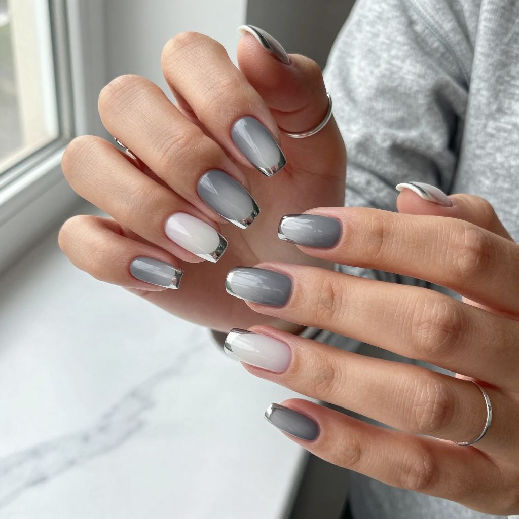 Grey Gradient French with Silver Tips