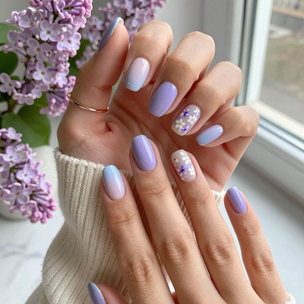 Pastel French Tips with Floral Accents