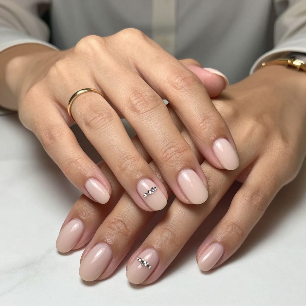 Natural Nude with Small Gem Cluster on Accent Nail