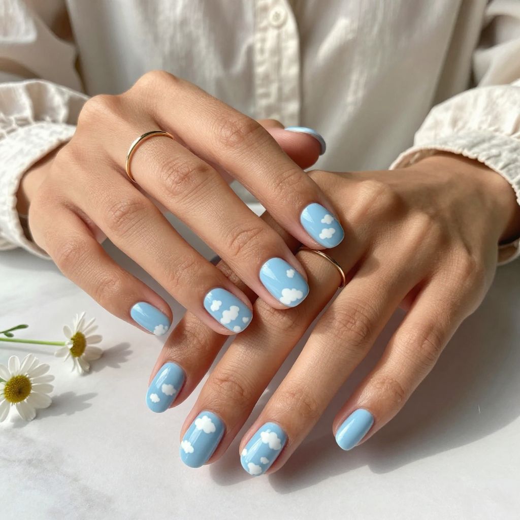 Short Oval with Baby Blue and White Cloud Detailing