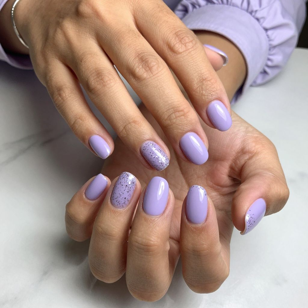 Oval Shape with Lavender and Silver Glitter Tips