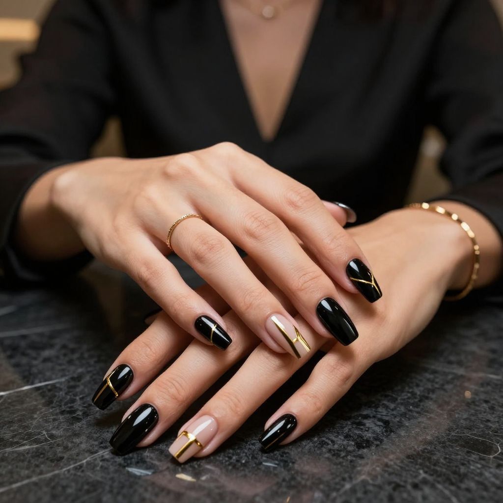 Bold Black and Gold Geometry Nails