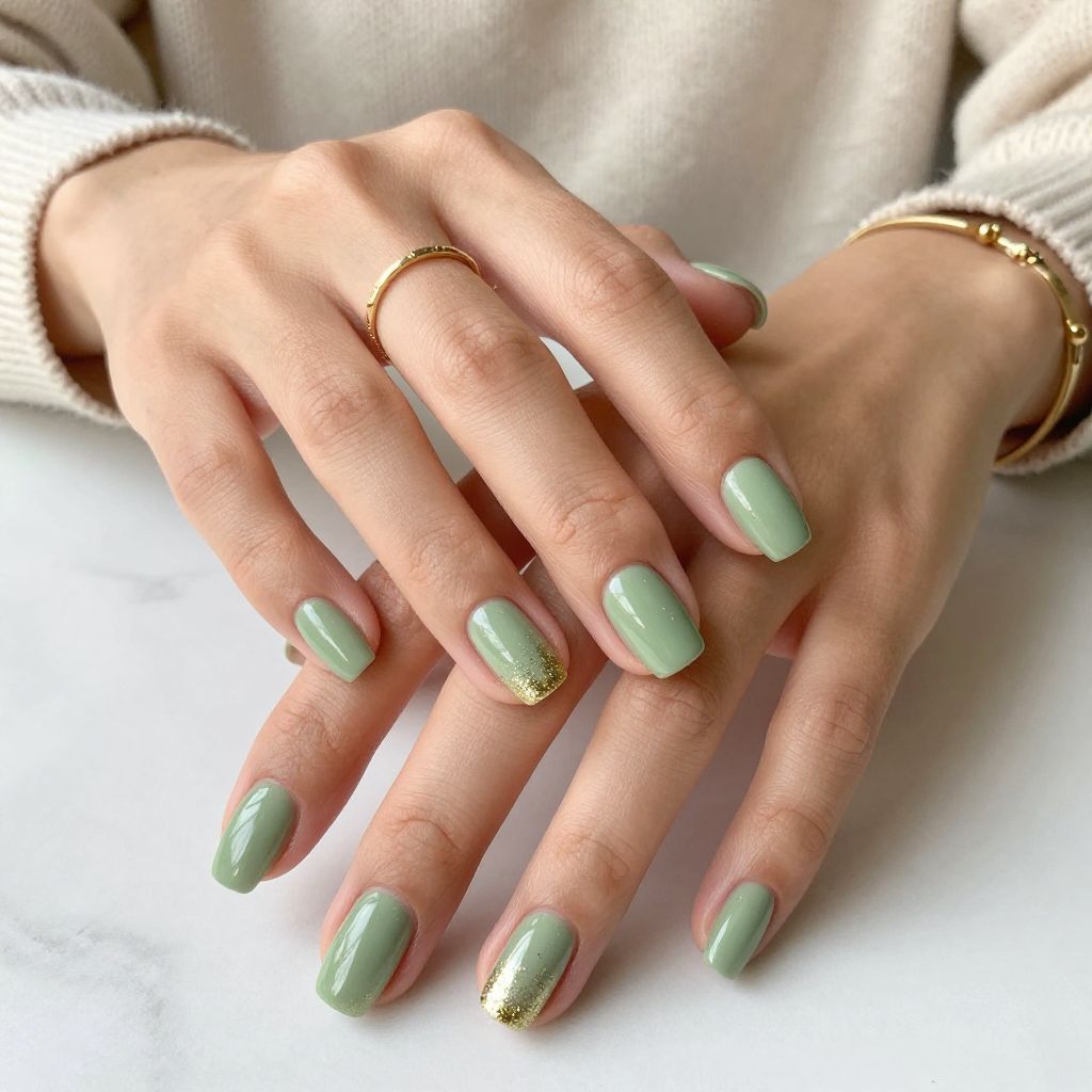 Pistachio With Gold Glitter Tips