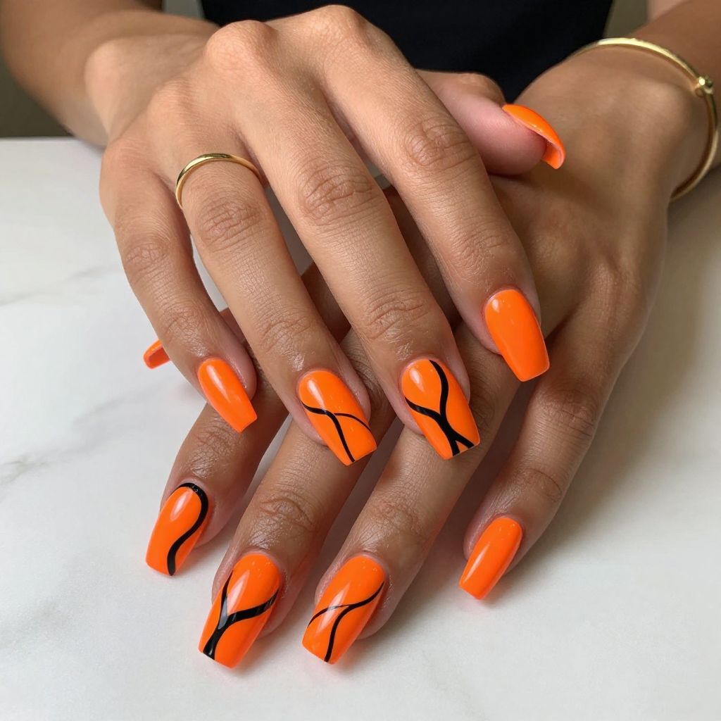 Neon Orange with Abstract Black Lines