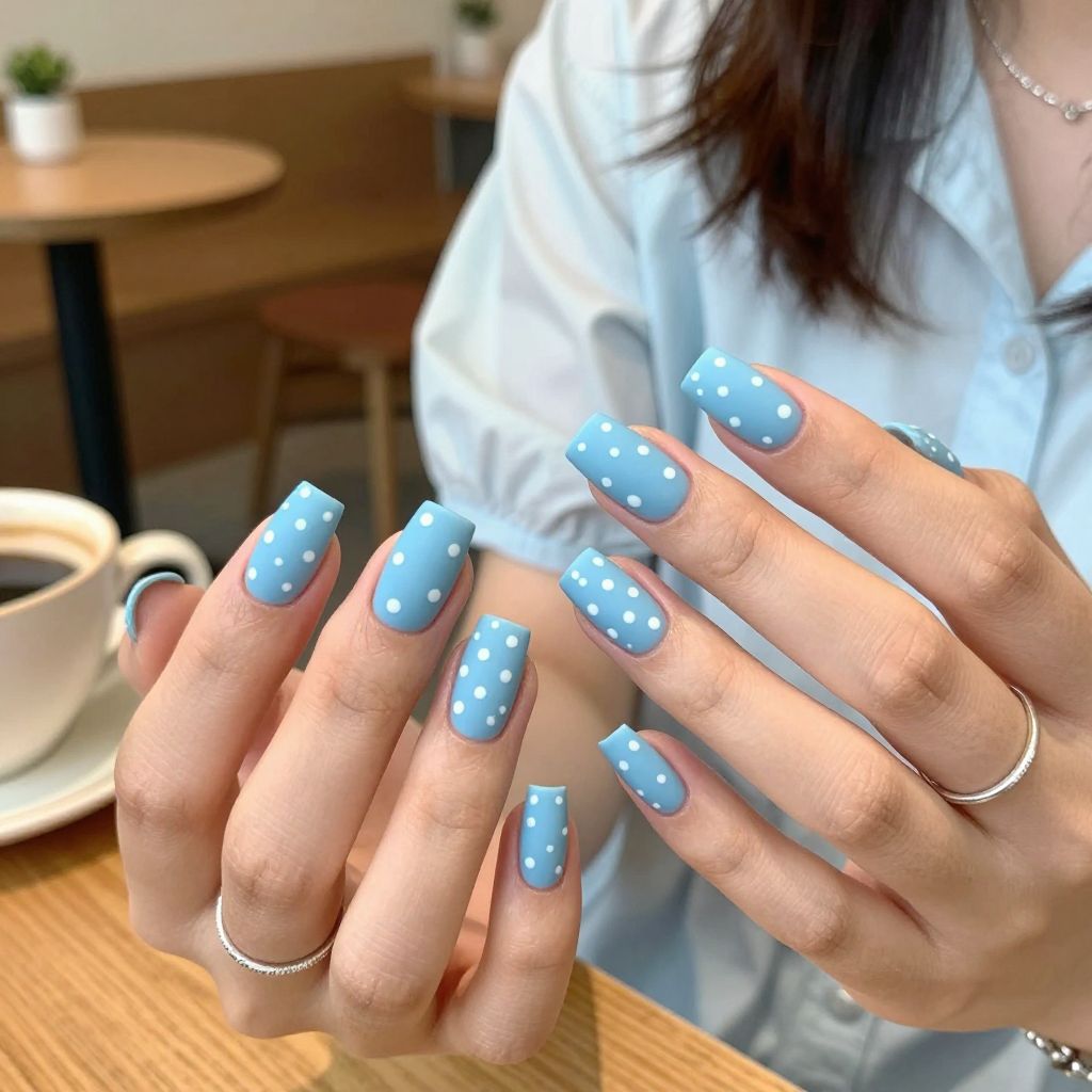 Baby Blue Matte with White Polka Dots