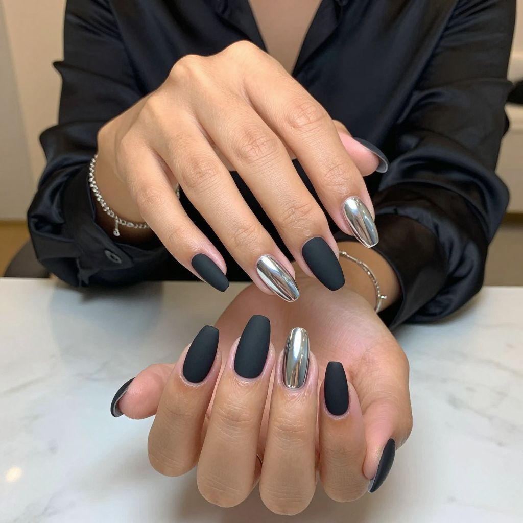 Matte Black with Chrome Accent Nails