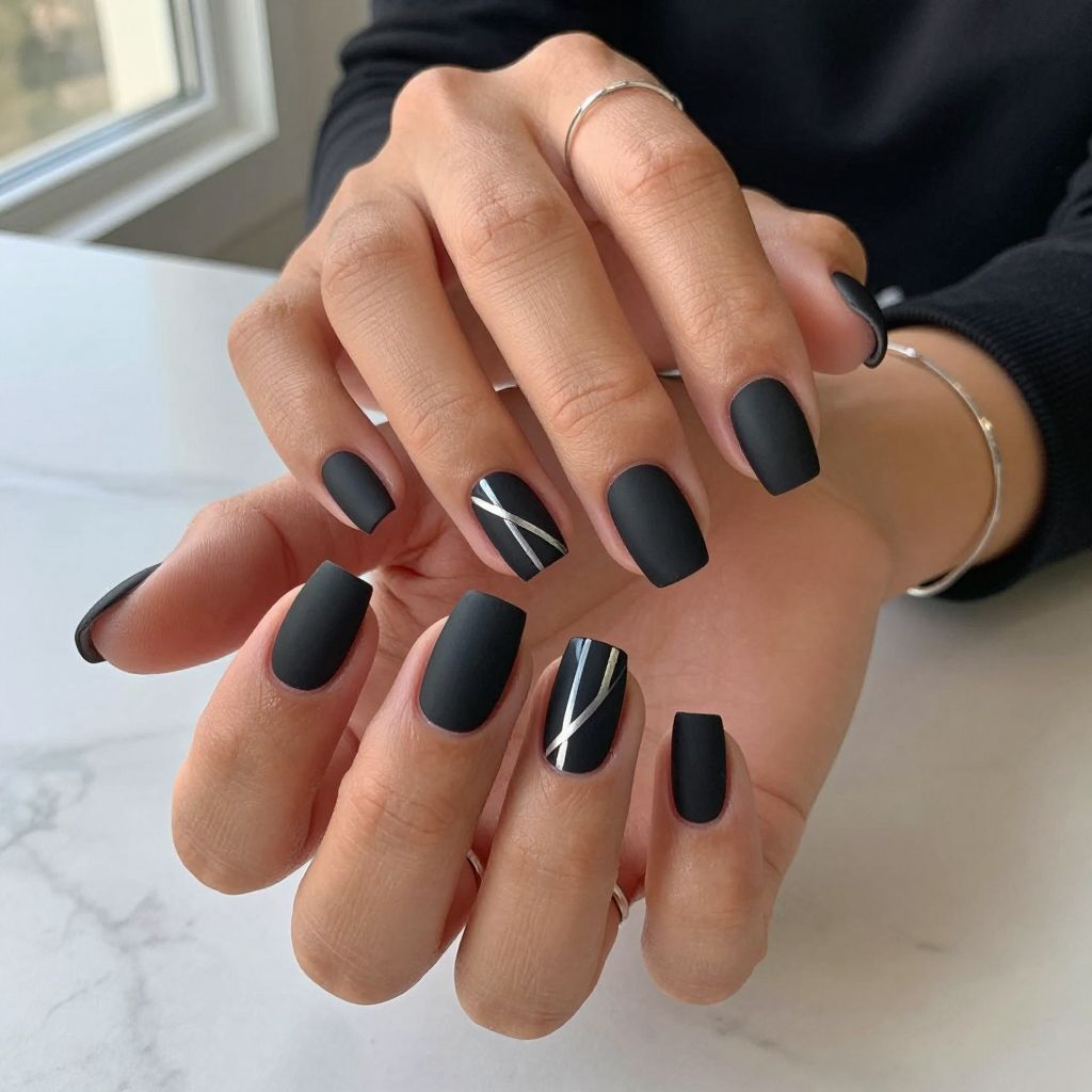 Matte Black with Silver Metallic Stripes