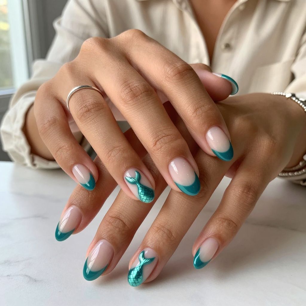 Teal French Tips and Mermaid Tail Negative Space
