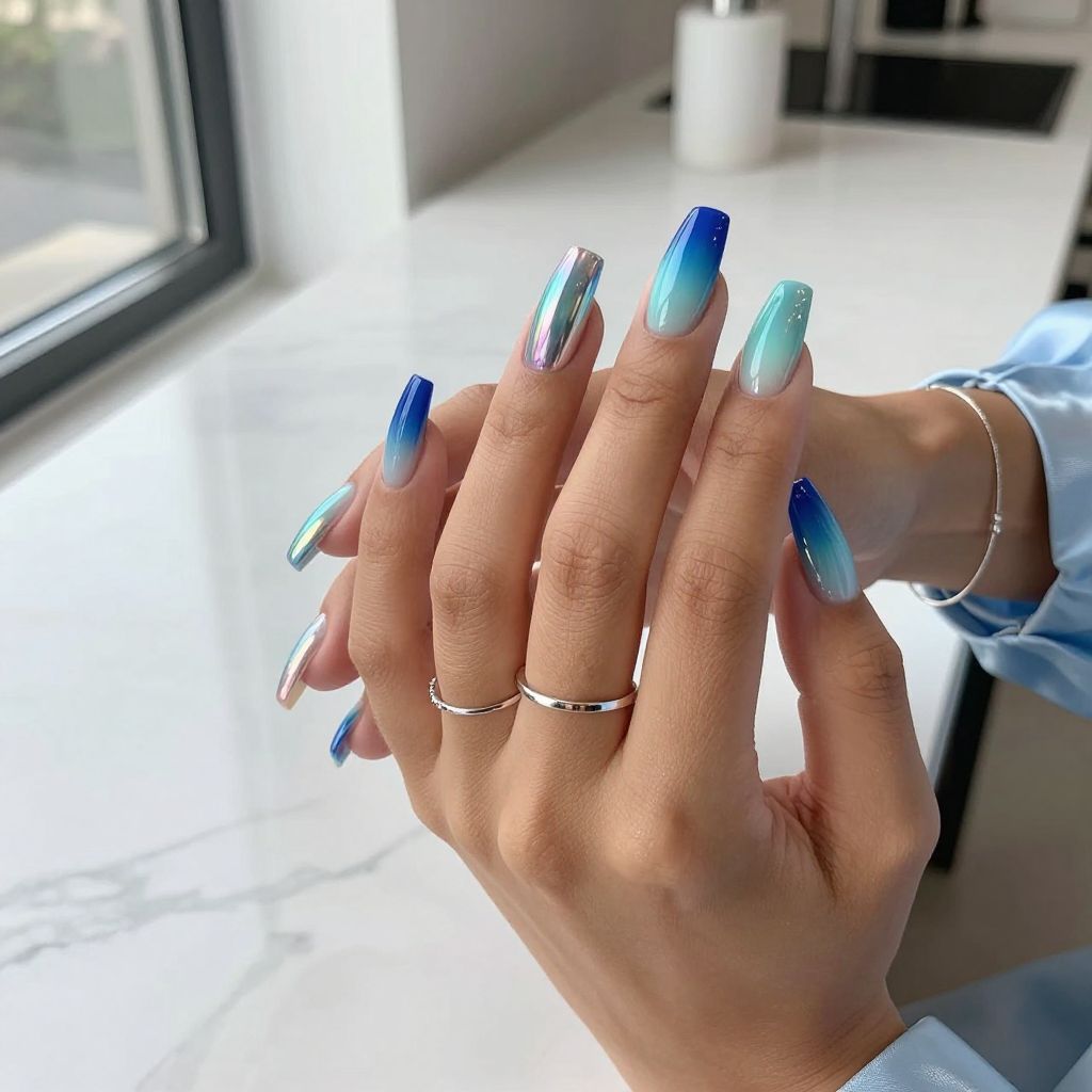Aqua Ombre with Iridescent Chrome Tips