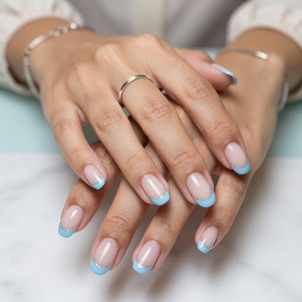 Baby Blue Tips with Silver Glitter Outline