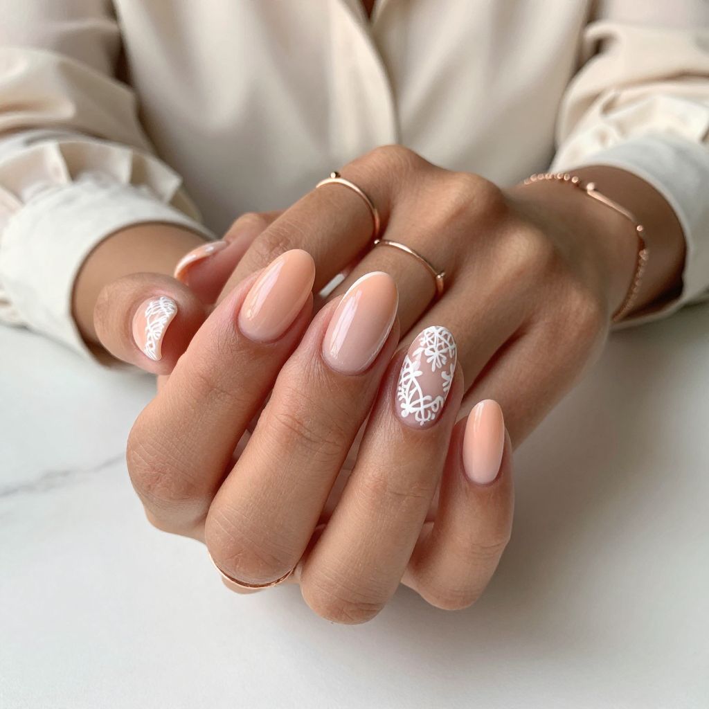 Peach Tips with White Lace Nail Art