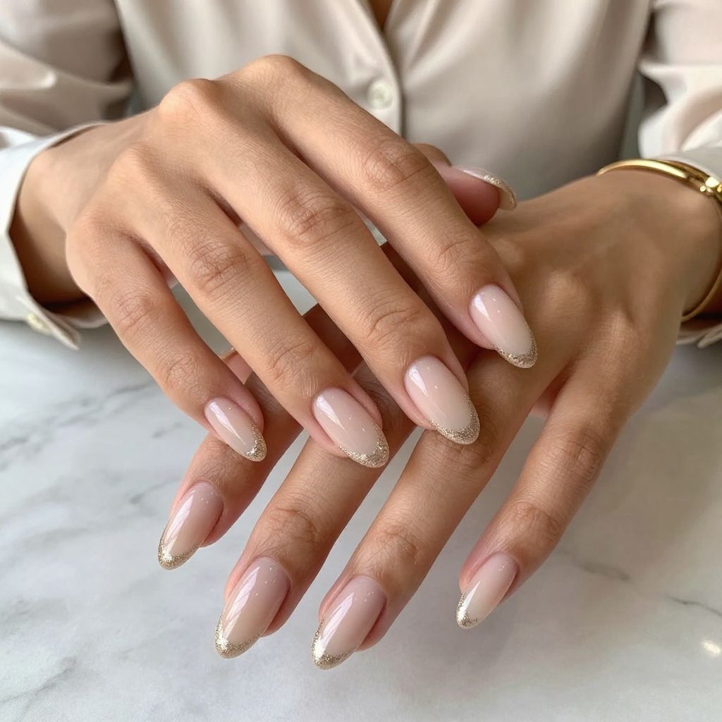 Glossy Nude Tips with Subtle Glitter