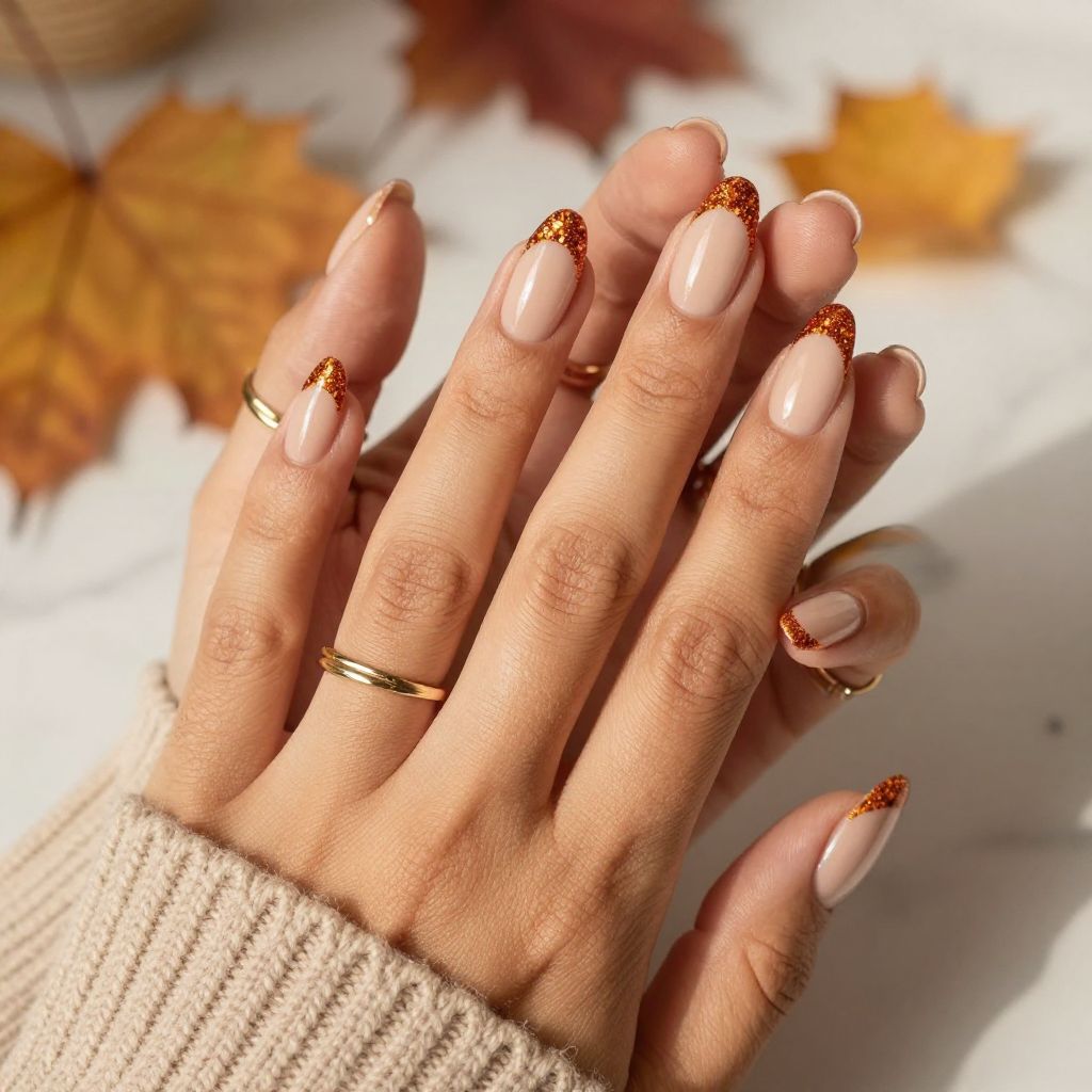 Rust Orange Glitter French Tip
