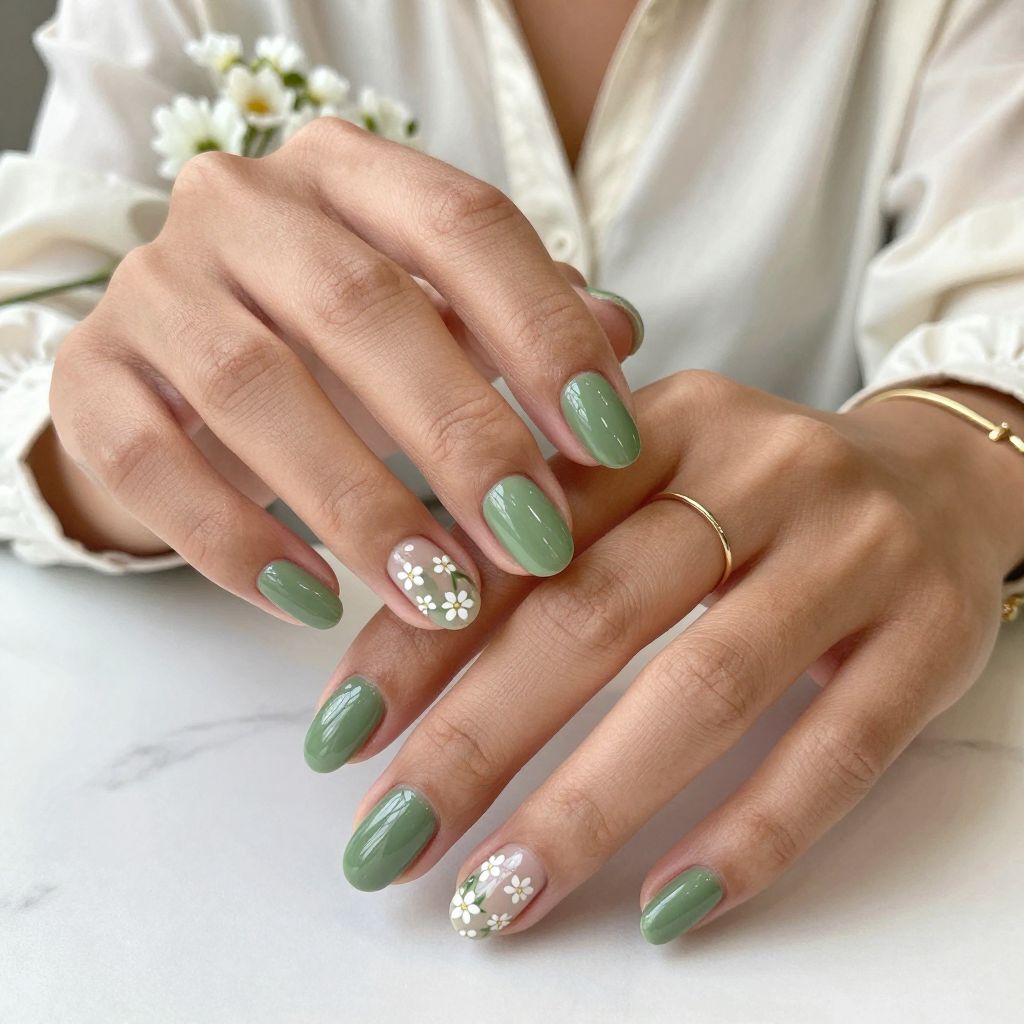 Olive Green with Tiny Floral Accent