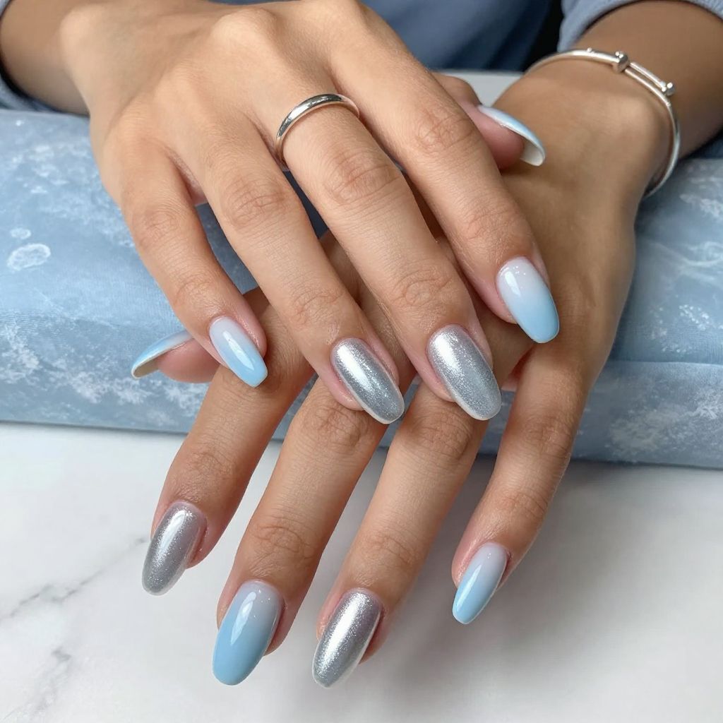 Icy Blue Ombre with Silver French Tips