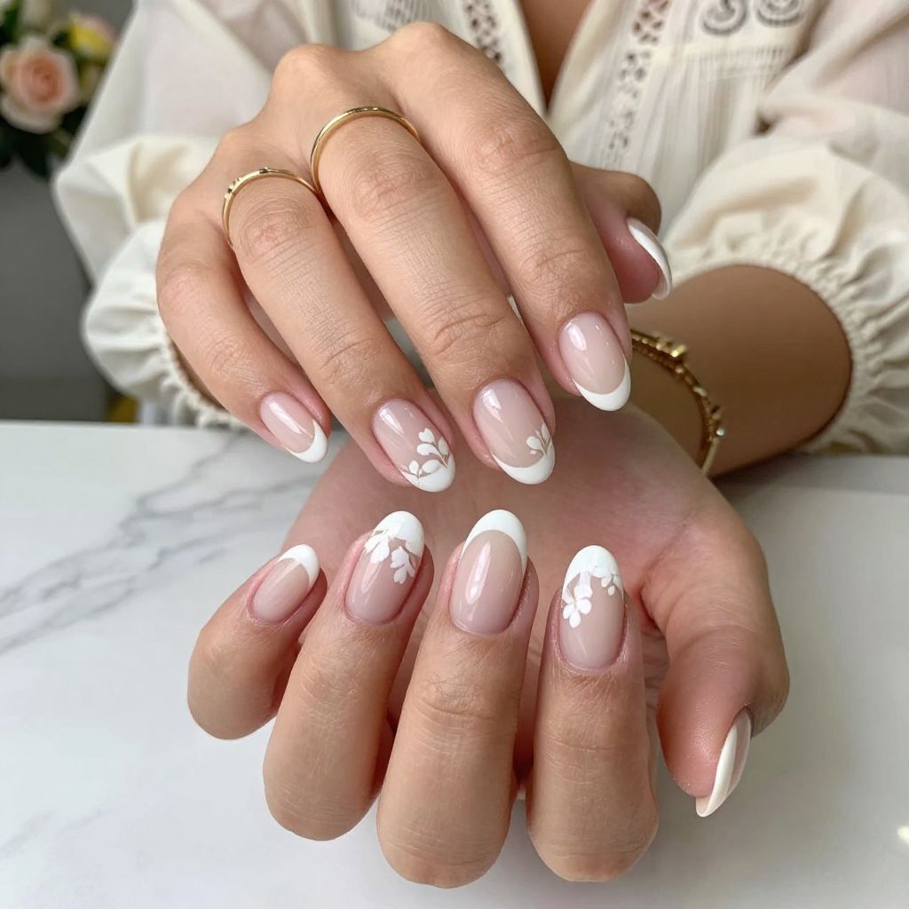 French Tips with Soft Floral Details