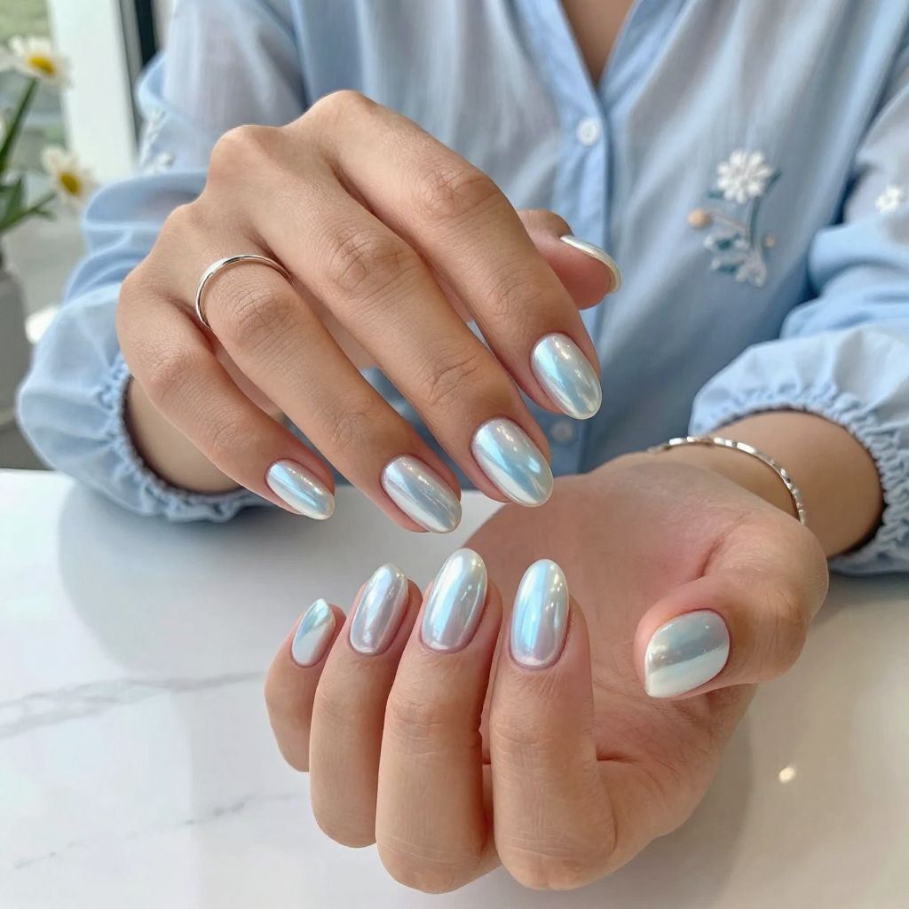 Oval Pearl Chrome with Blue Hue Accents