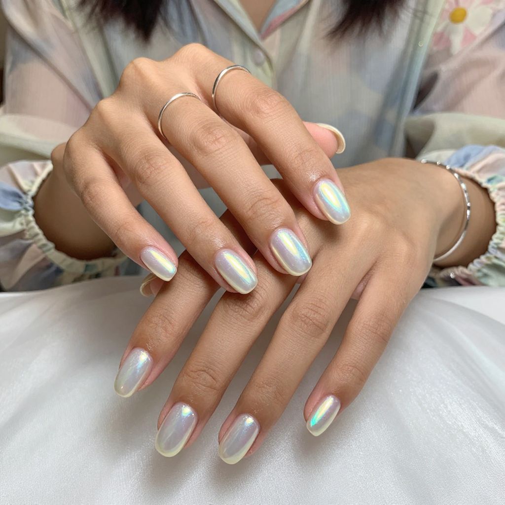 Rounded Medium Pearl Chrome with Holographic Tips