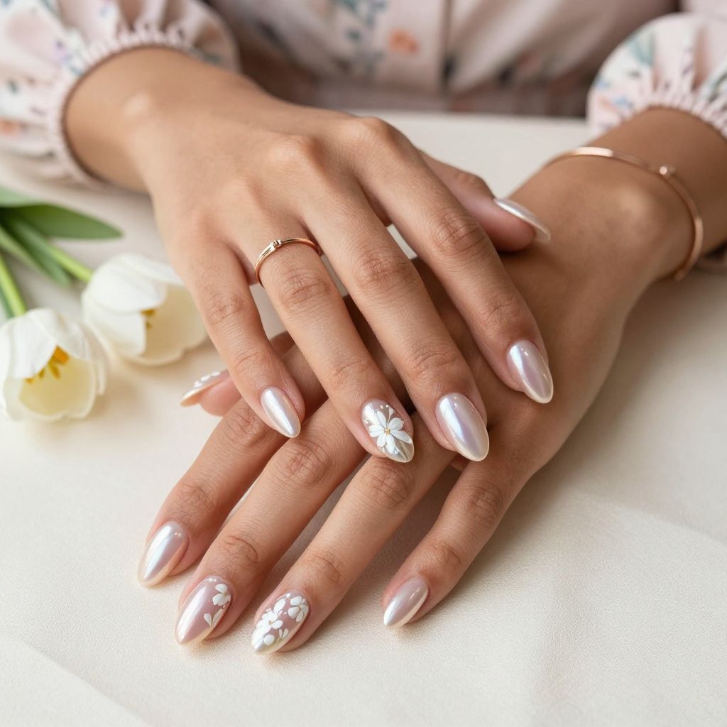 Almond Shaped Pearl Chrome with Floral Detail