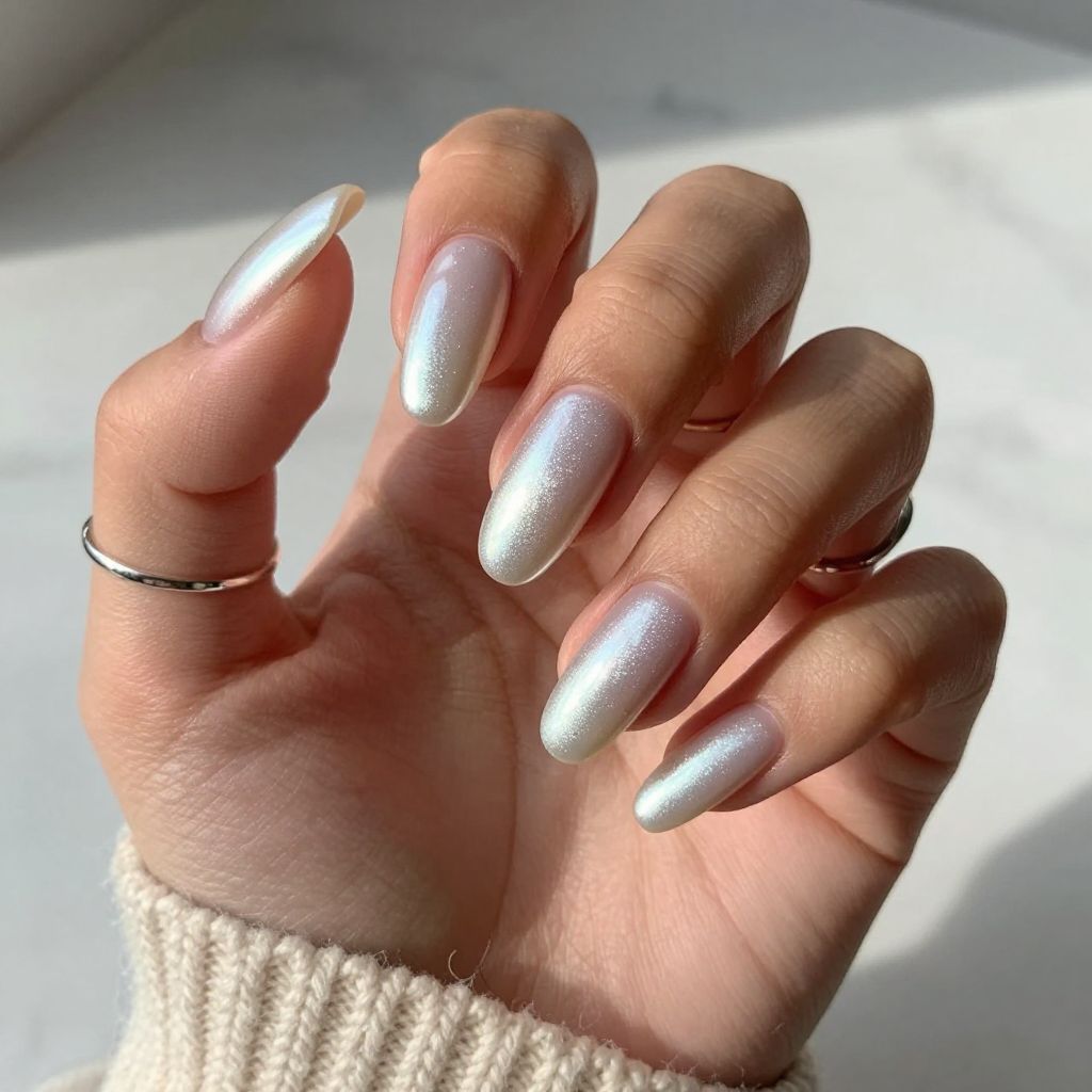 Long Almond Pearl Chrome with Subtle Glitter Overlay