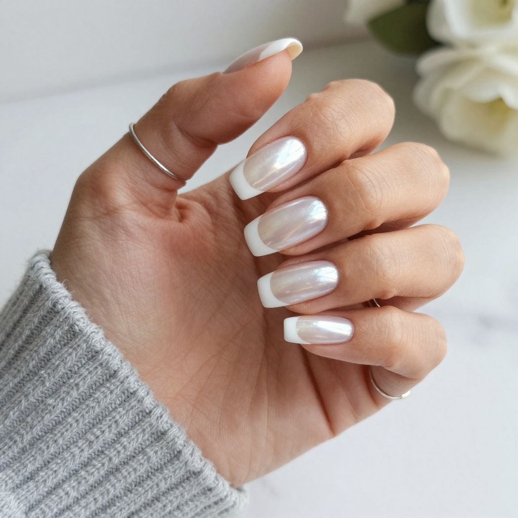 Soft Coffin Pearl Chrome with Matte French Tips