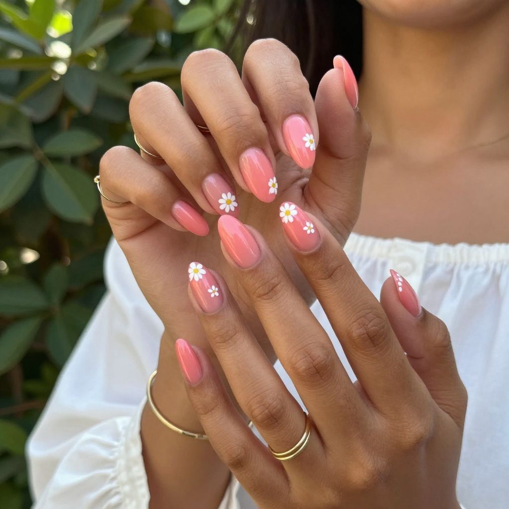 Coral Pink with White Daisies