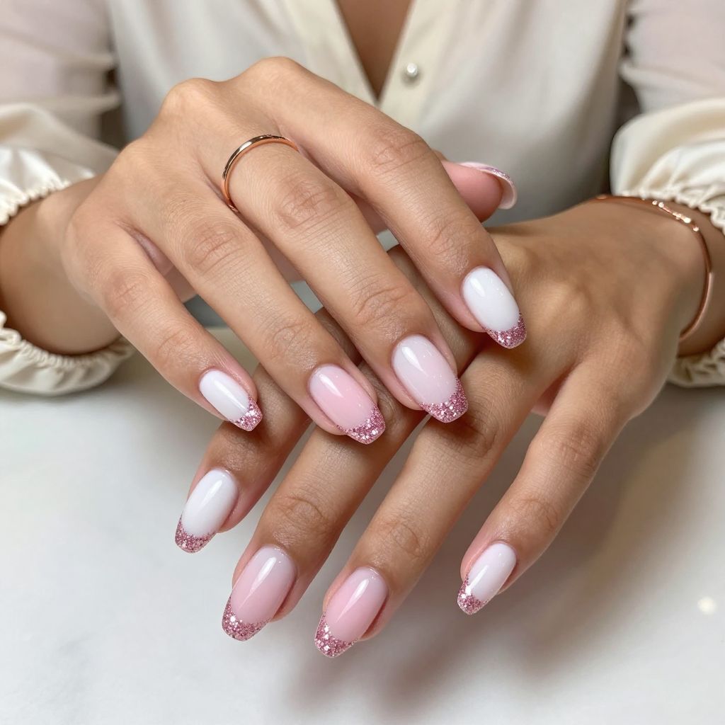 French Ombre with Pink Glitter Tips