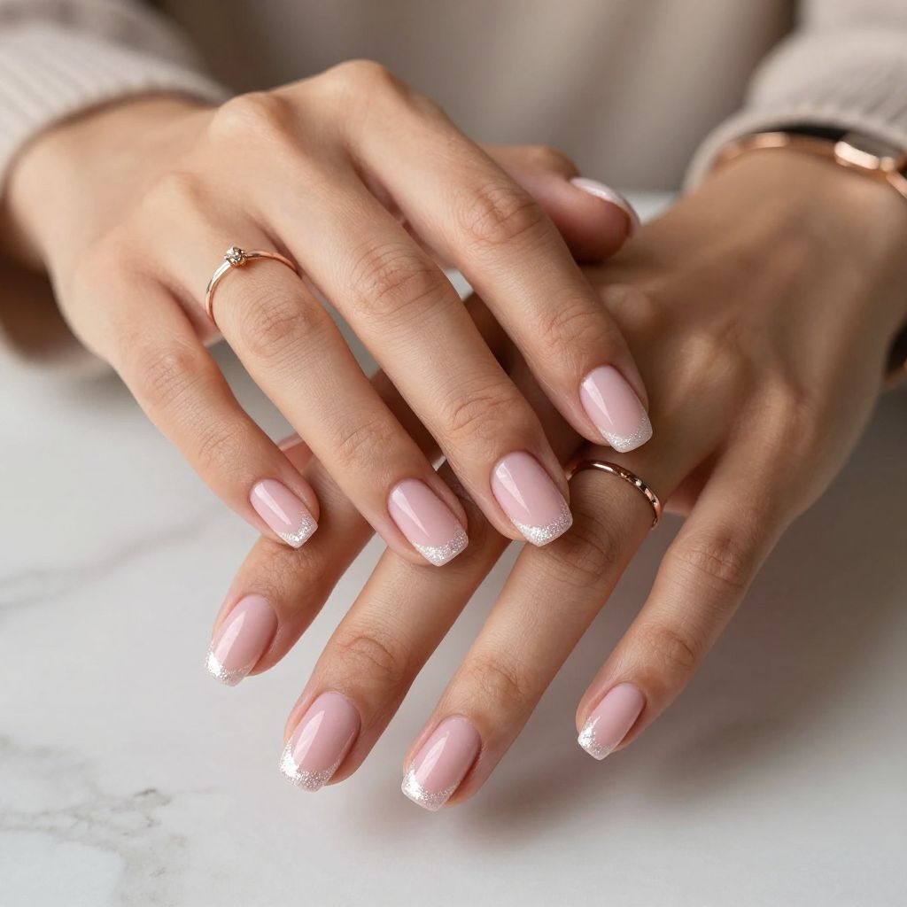 Soft Pink with White Glitter French Tips