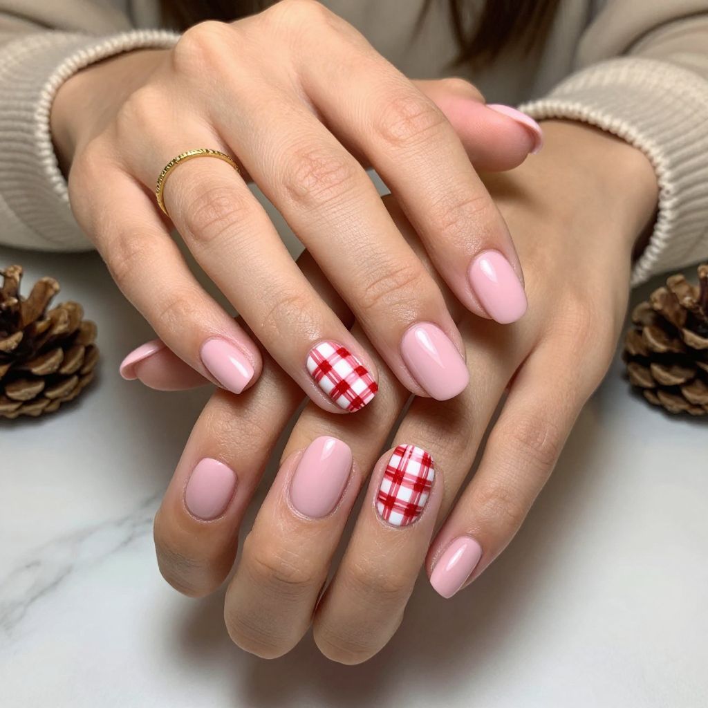 Soft Pink with Red and White Plaid Pattern
