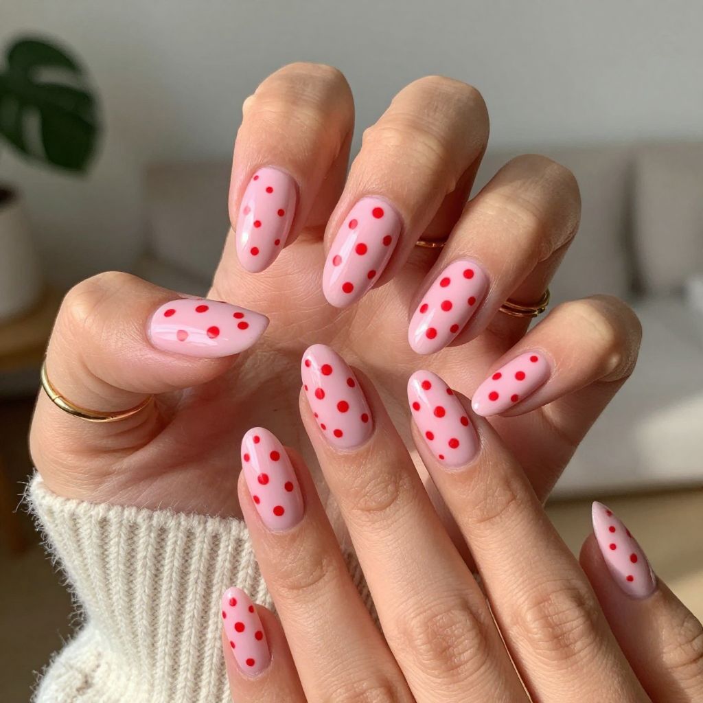 Pale Pink with Festive Red Polka Dots