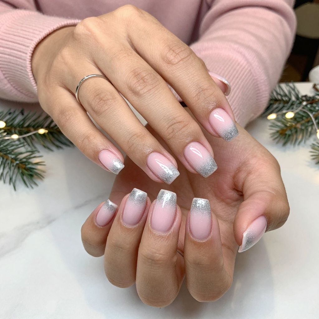 Soft Pink Ombre with Silver Glitter Fade