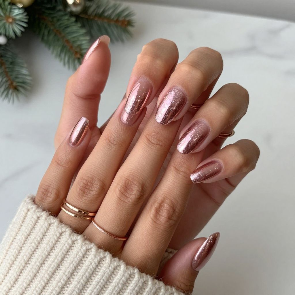 Rose Gold Chrome with Pink Glitter Gradient